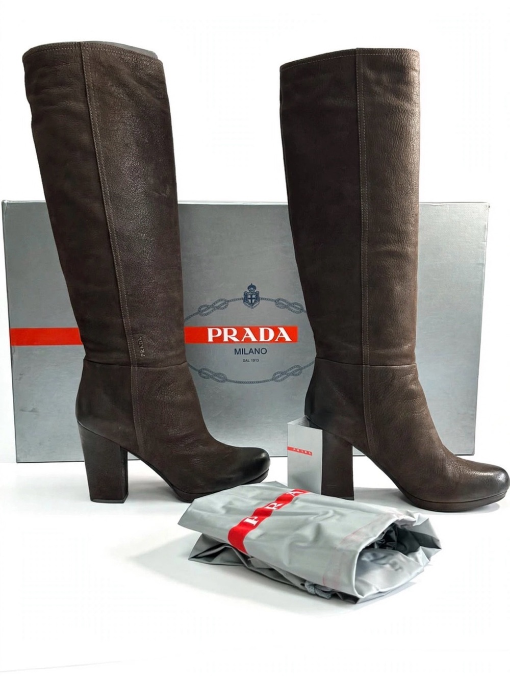 Prada Brown Leather Slouchy Tall Boot Capra Antic Ebano Block Heel Boots 40.5